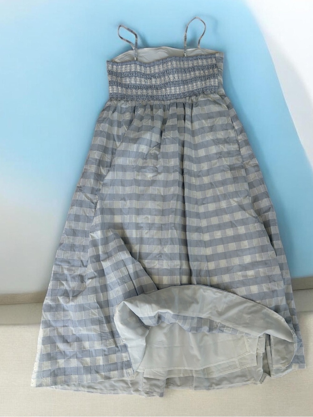 🌷🌷🌷 Caroline Constas Blue White Shadow Check Cotton Pleated Maxi SunDress size L - Picture 7 of 11